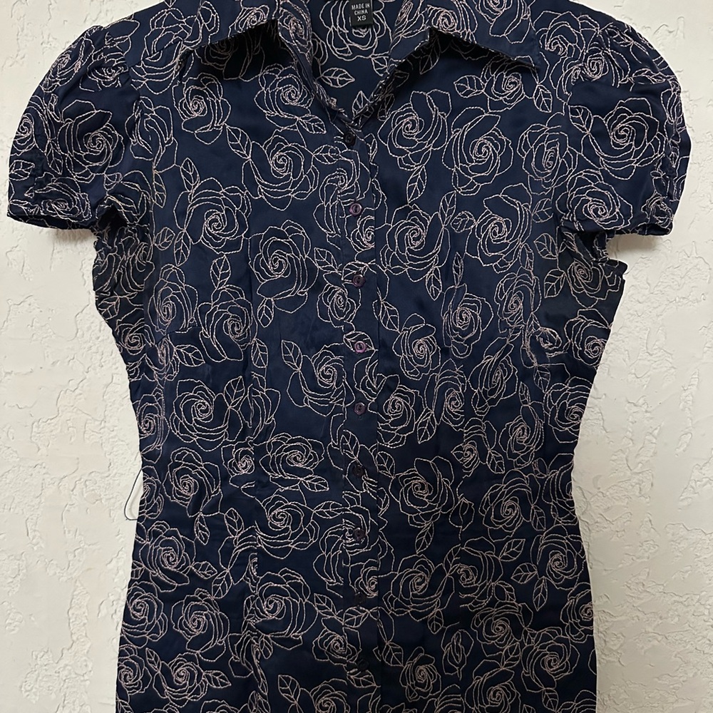 Bebe Dark Blue Rose Pattern Button Down Shirt W/B… - image 4